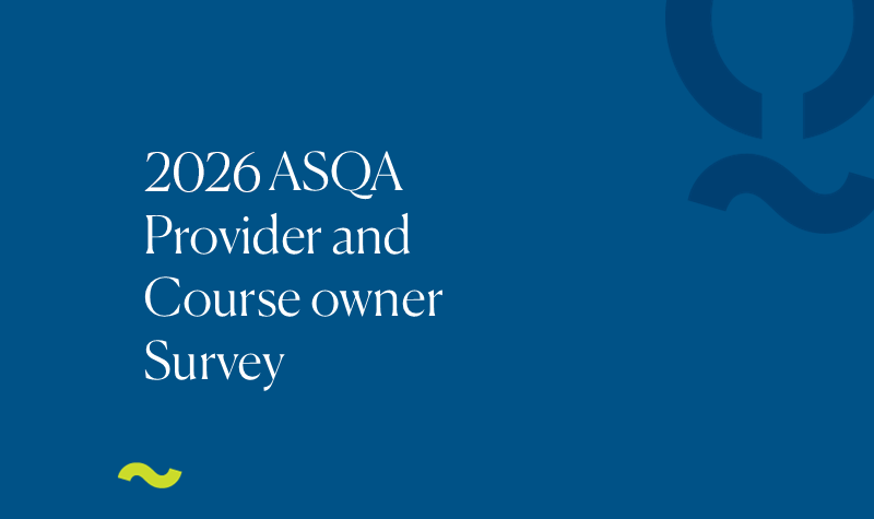 Navy plain graphic with white text that reads '2026 ASQA Provider and Course owner survey'