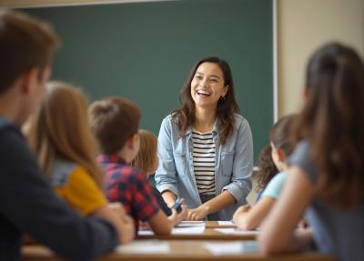 Female teacher front of classroom looking at young students and smiling