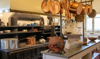 Large cooking kitchen with ovens, saucepans and utensils